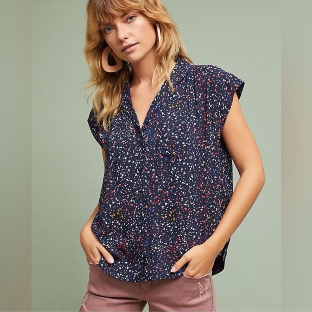 Anthro Maeve Raffine Top Blue and Multicolor Dots Large